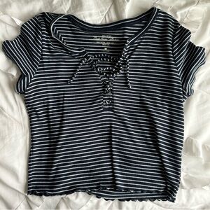 Hollister Dark blue and white Striped Short Sleeve Tee with Lace-Up V-Neck